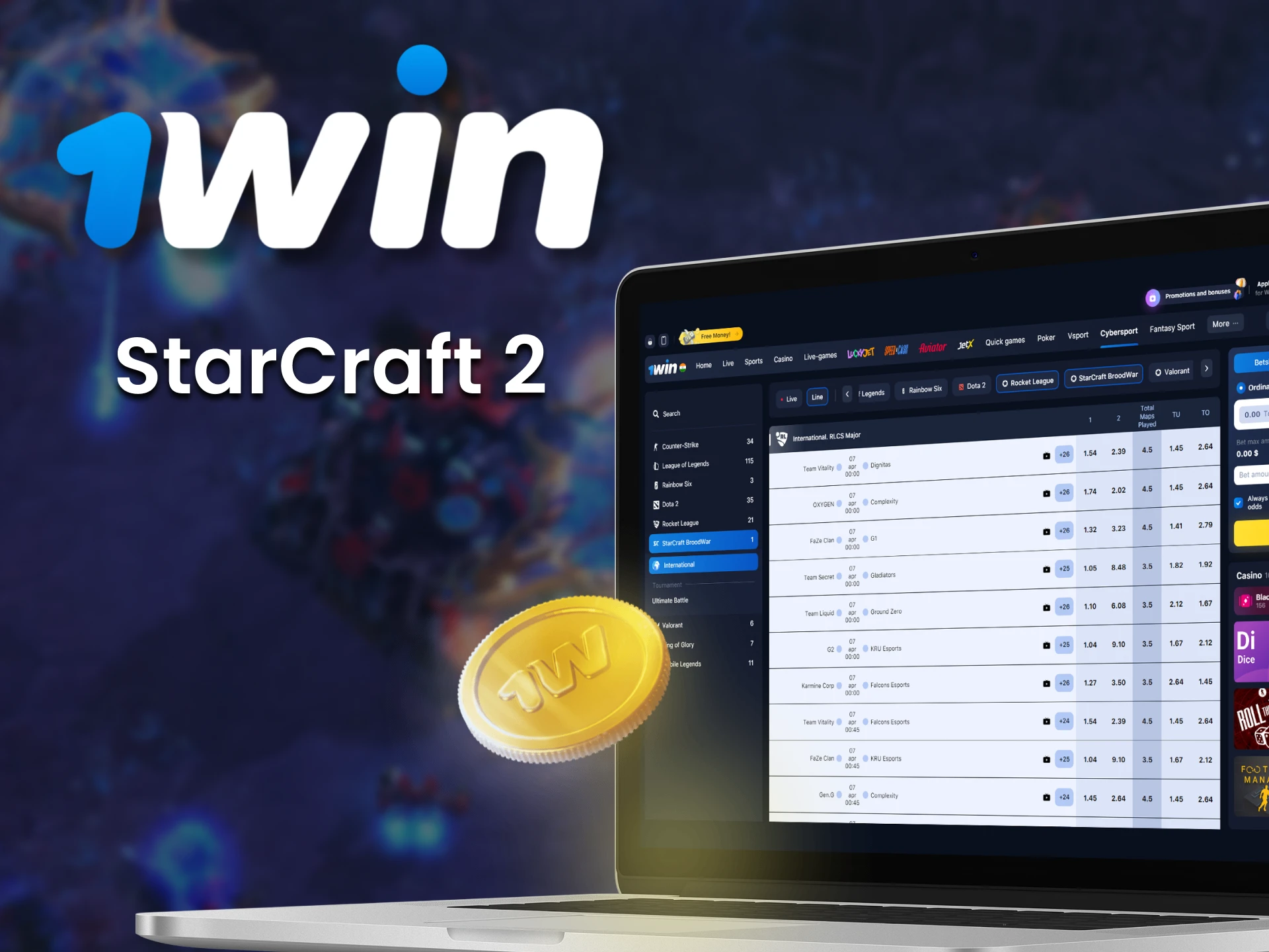 On 1Win you will find popular StarCraft 2 competitions to bet on.