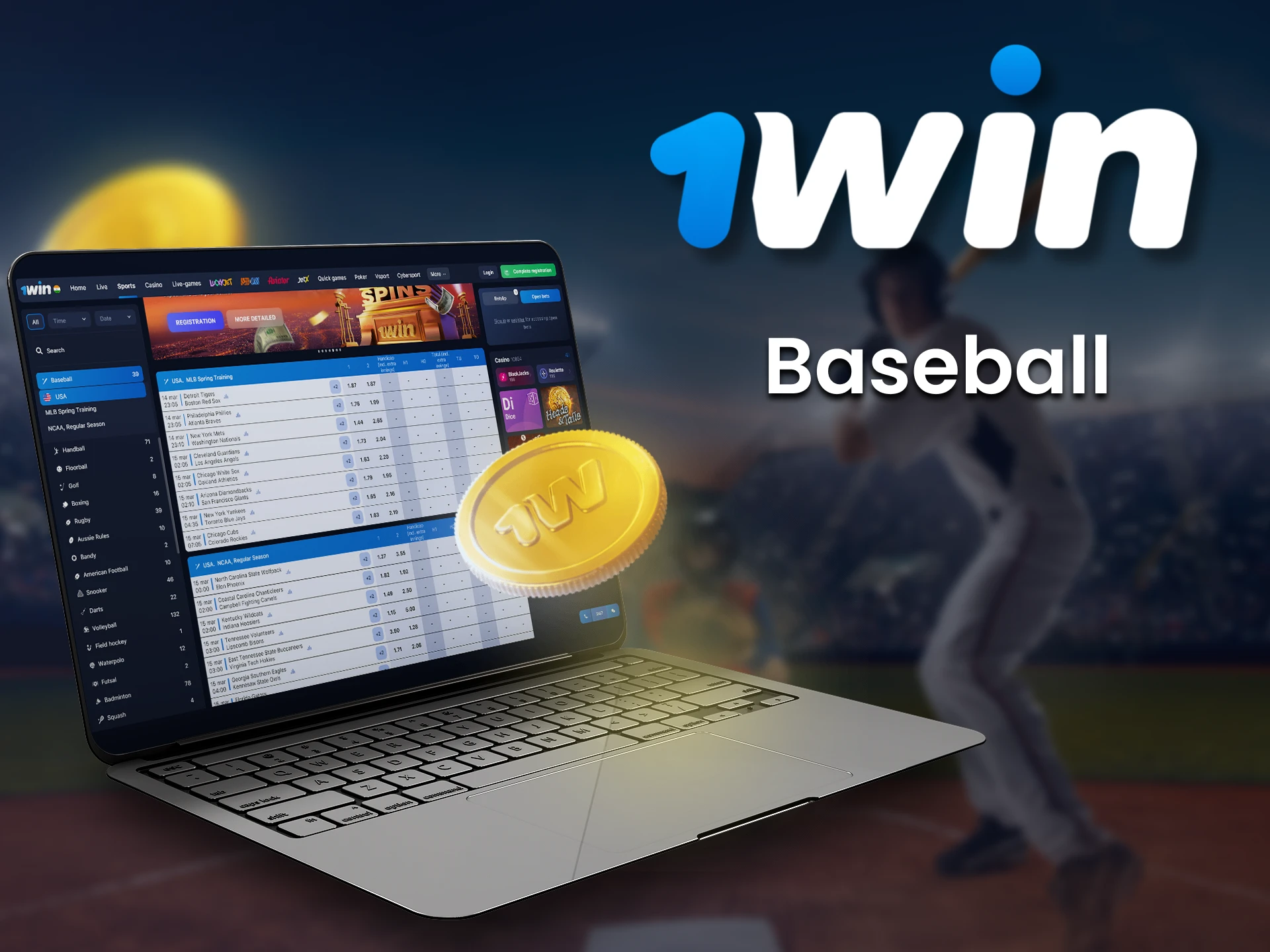 Discover many different baseball events to place bets on 1Win website.