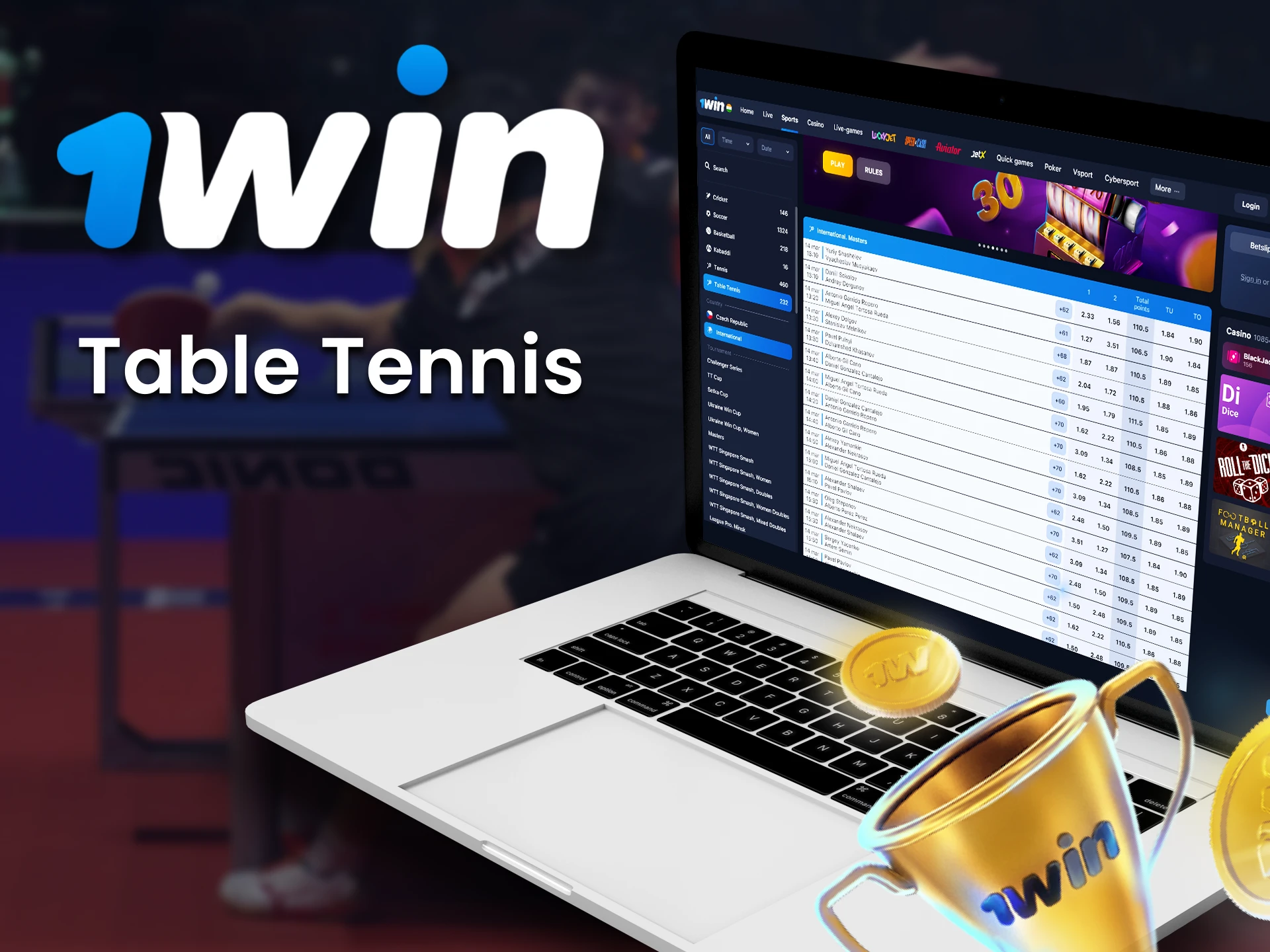 Place bets on table tennis on 1Win betting site.