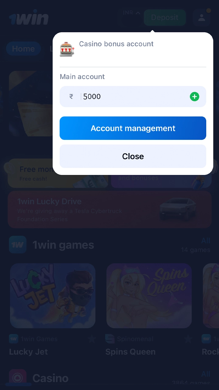 Update your account balance to see the changes in your 1Win balance.