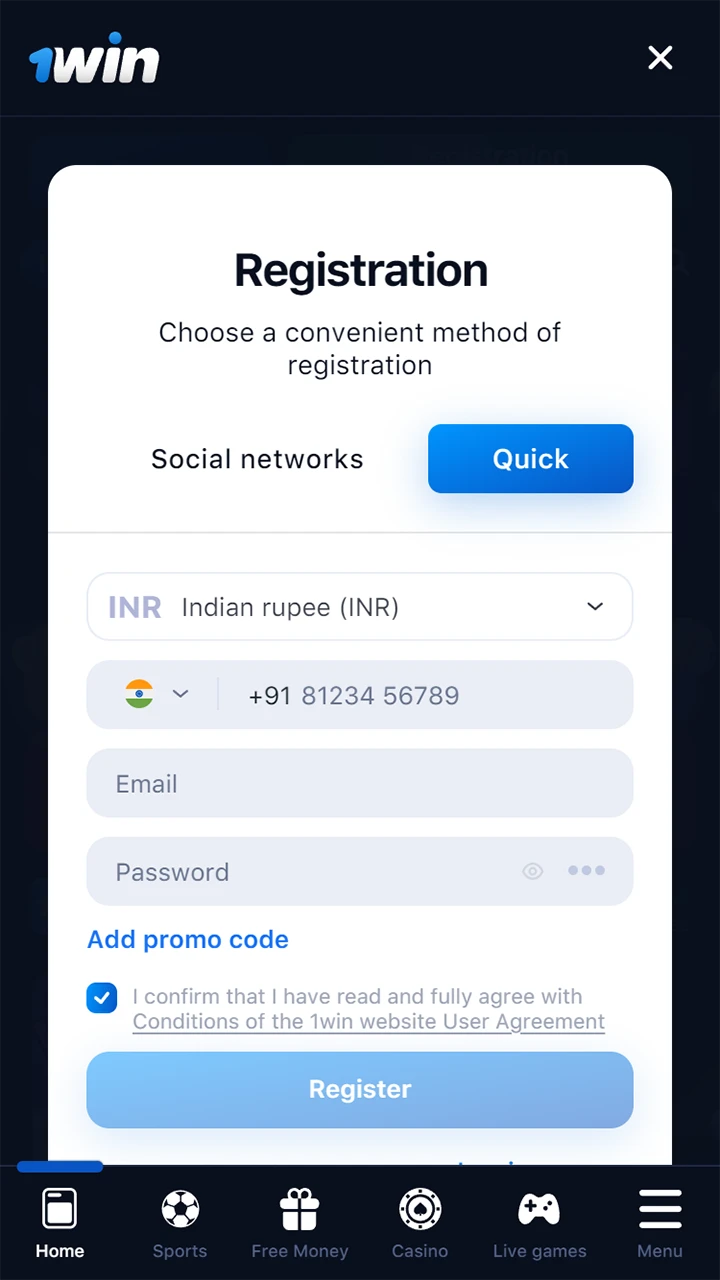Register an account on 1Win.