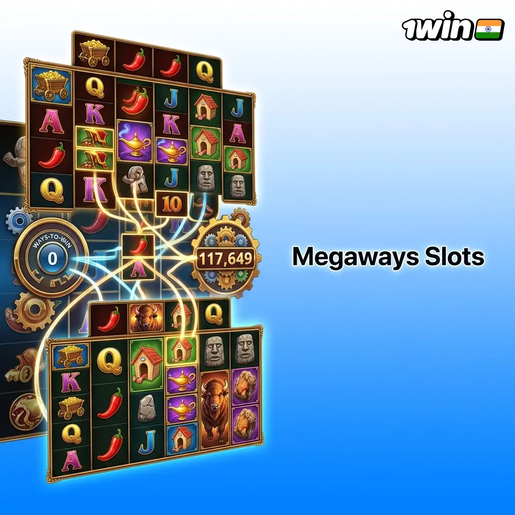 Megaways slots on 1win with dynamic reels offering up to 117,649 ways to win per spin