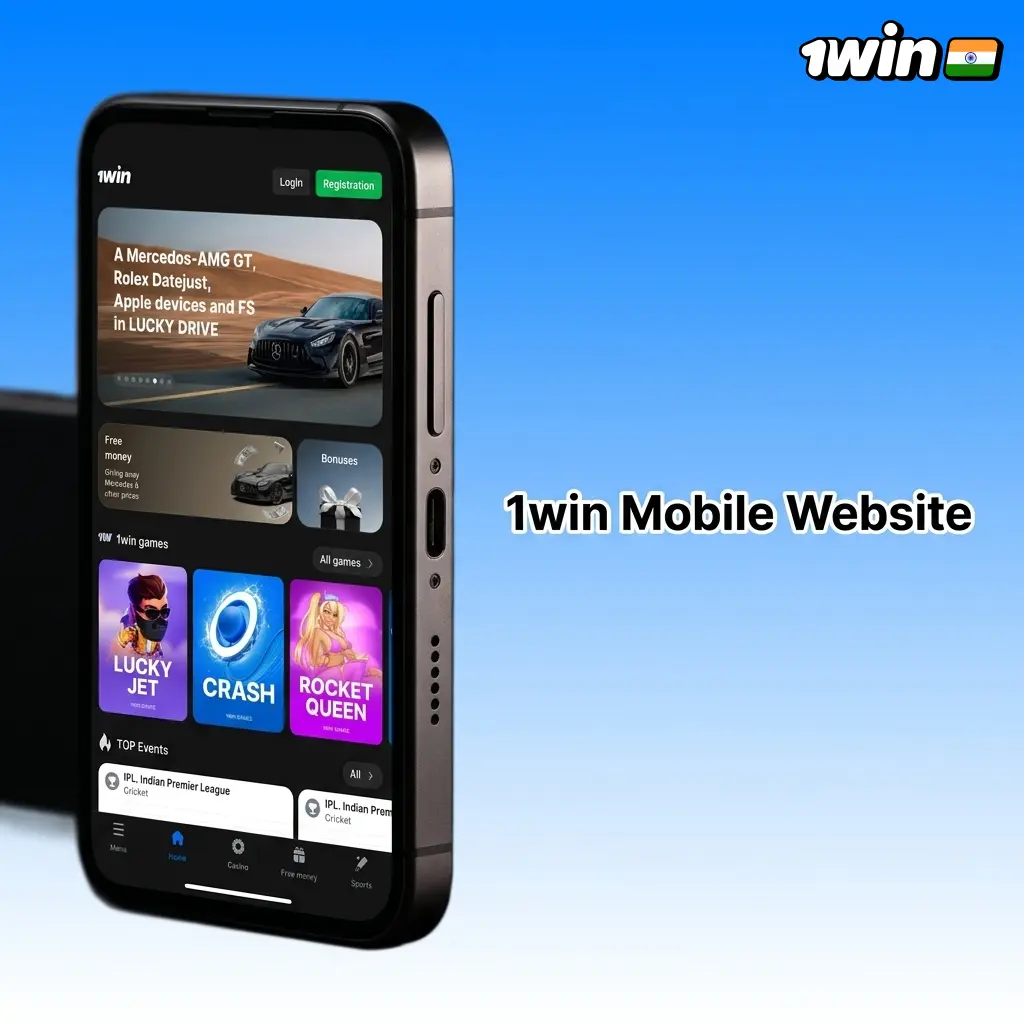 1win mobile website interface on smartphone browser showing betting and casino games with INR payment options for Indian players