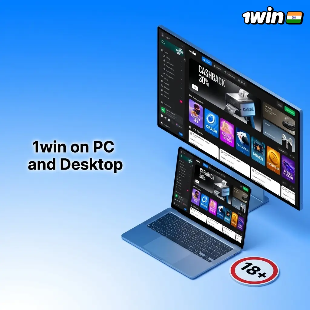 1win desktop platform on PC browser showing sports betting and casino features for Indian users