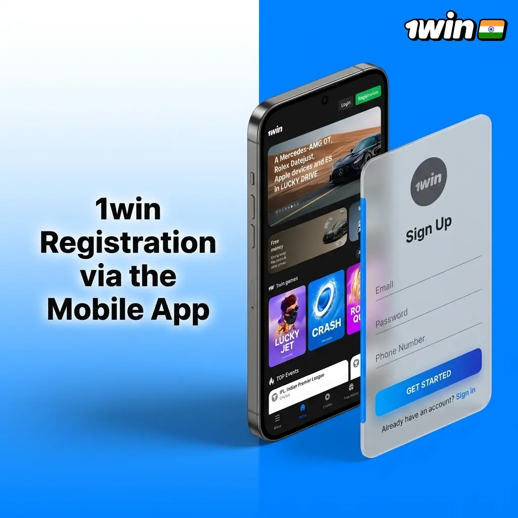1win Android app registration screen showing sign-up options including one-click, phone, email, and social login methods
