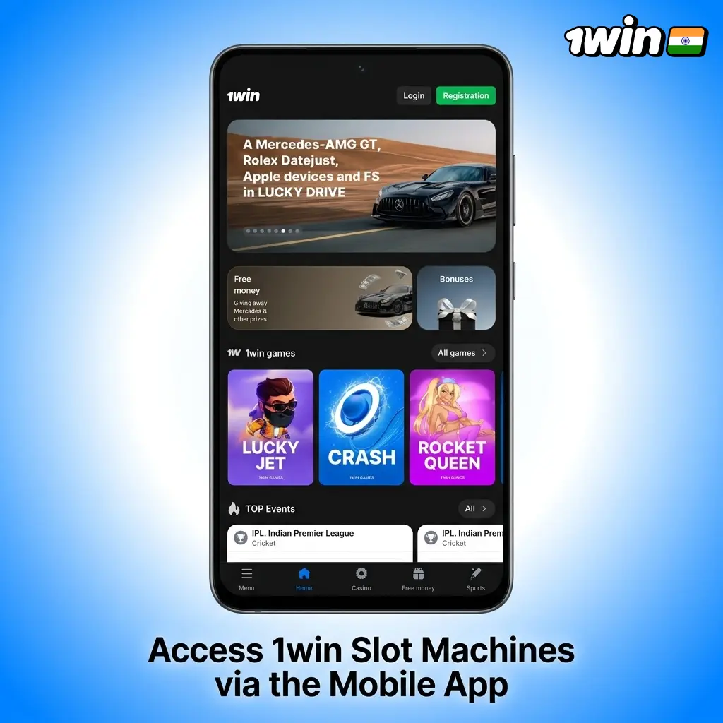 1win mobile app on Android and iOS showing slot machine lobby with casino games, filters, and UPI payment options