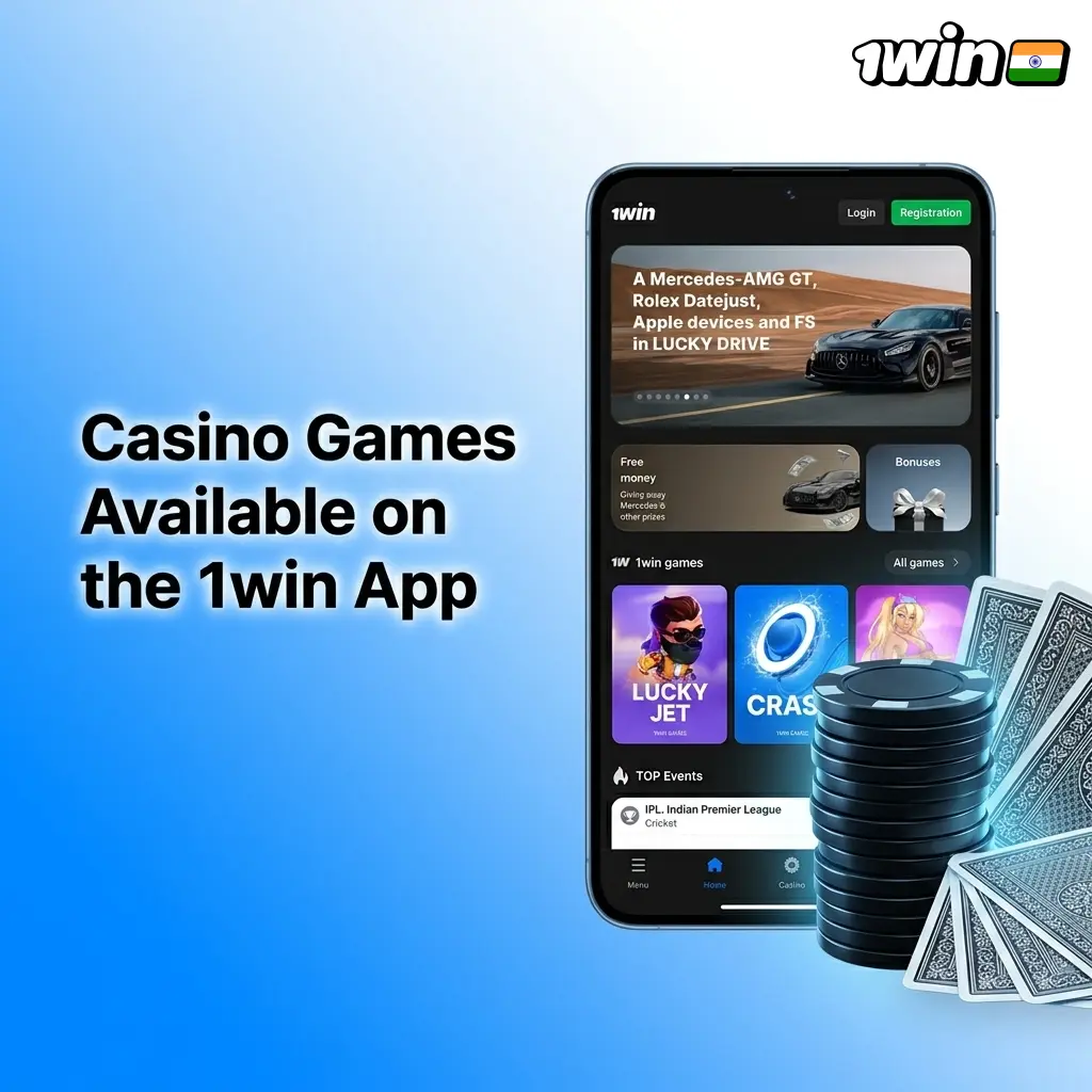 1win casino app showing 15000+ games including slots, live dealer, Teen Patti, and Andar Bahar for Indian players