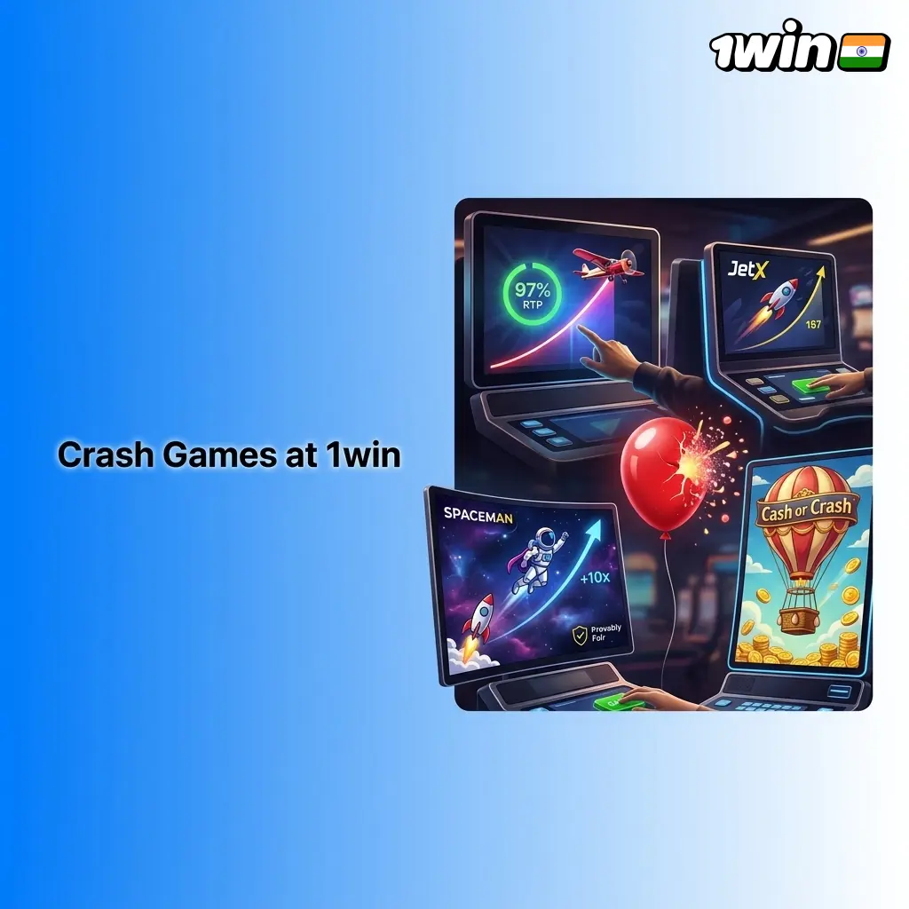 Crash games lobby at 1win India featuring Aviator, JetX, Spaceman, Balloon and Cash or Crash titles