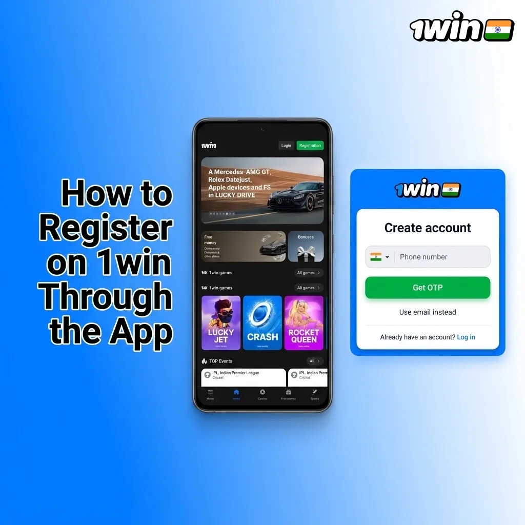 1win app registration steps for Indian players showing sign-up options including one-click, phone, email, and social network